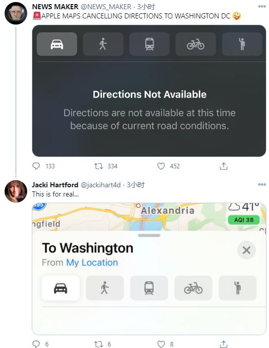 苹果地图被指“审查”前往华盛顿特区的路线