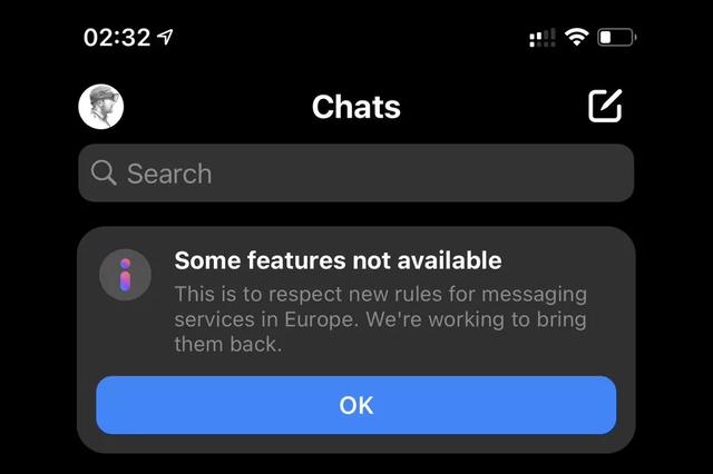 Facebook在欧洲暂时禁用部分Messenger和Instagram功能
