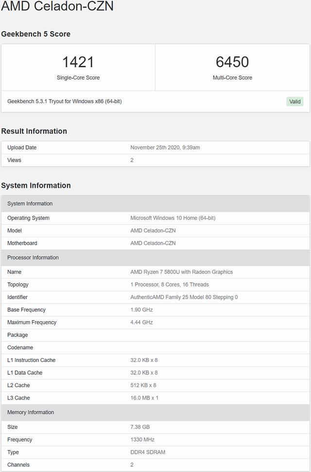 锐龙R7-5800U八核Zen 3移动处理器跑分曝光 单核性能较4800U提升38%