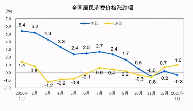 统计局：2021年1月份，全国居民消费价格同比下降0.3%