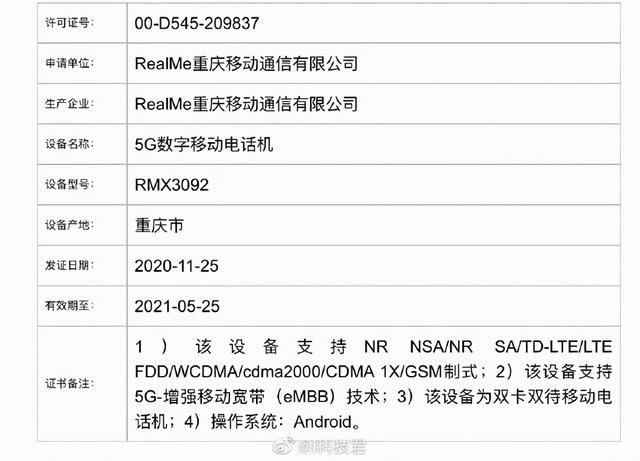 realme又有两款新机入网 支持65W快充或不久后发布