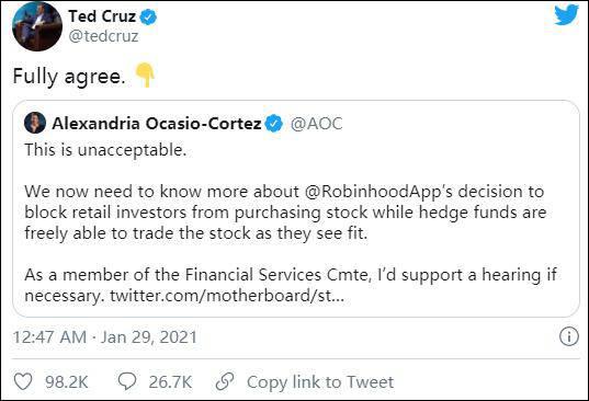 美国|散户抱团大战第二幕：券商限制散户交易，美国两党怒了