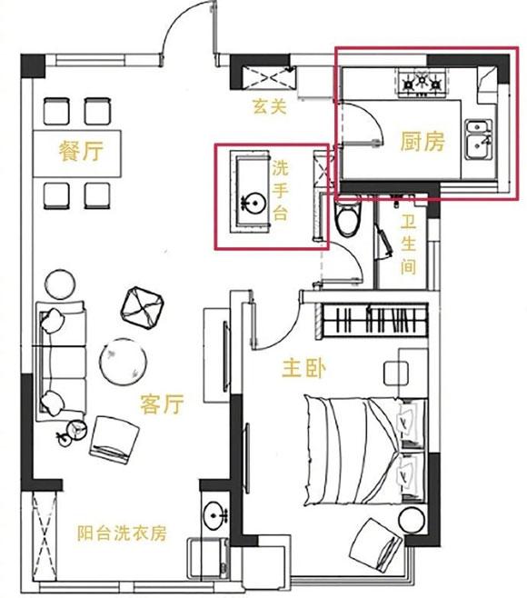 62㎡一居室装修设计，温馨舒适特别自在，隔墙式洗手台真没见过