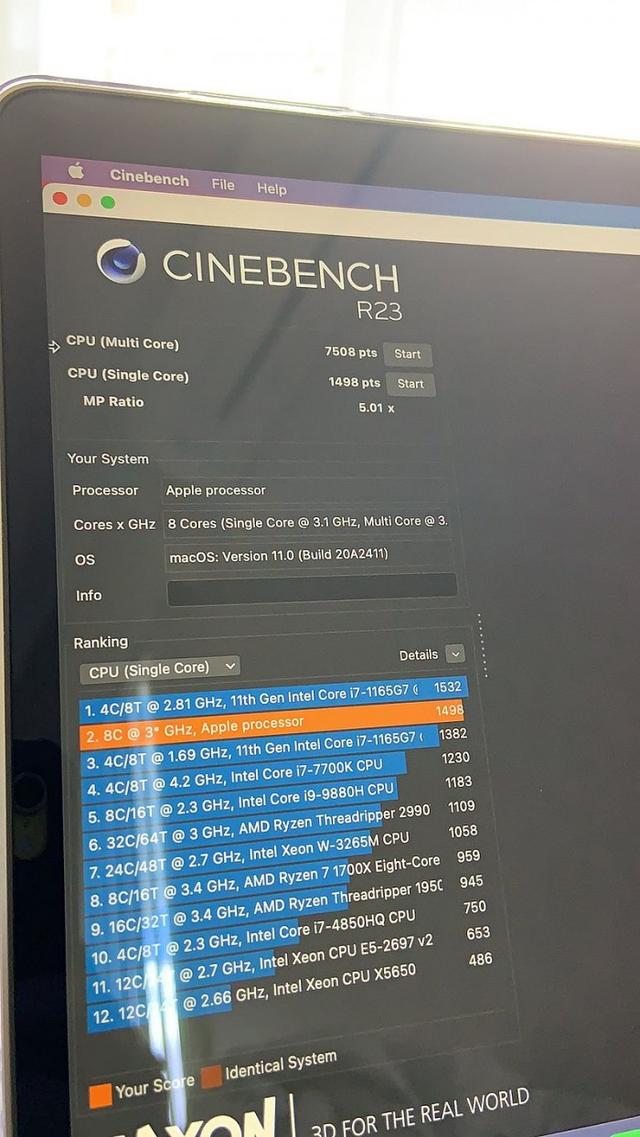 M1芯片的MacBook Pro跑分曝光：Cinebench多核得分7508分