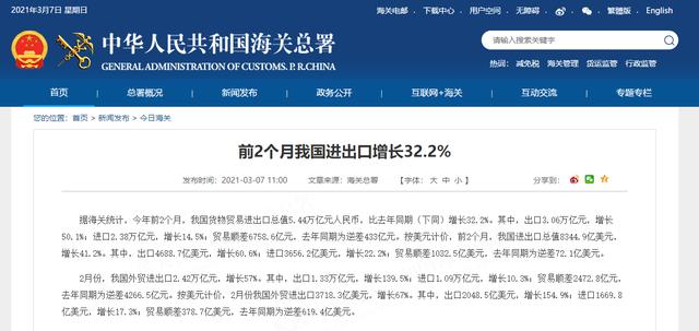 出口|海关总署：今年前2个月我国货物贸易进出口增长32.2%