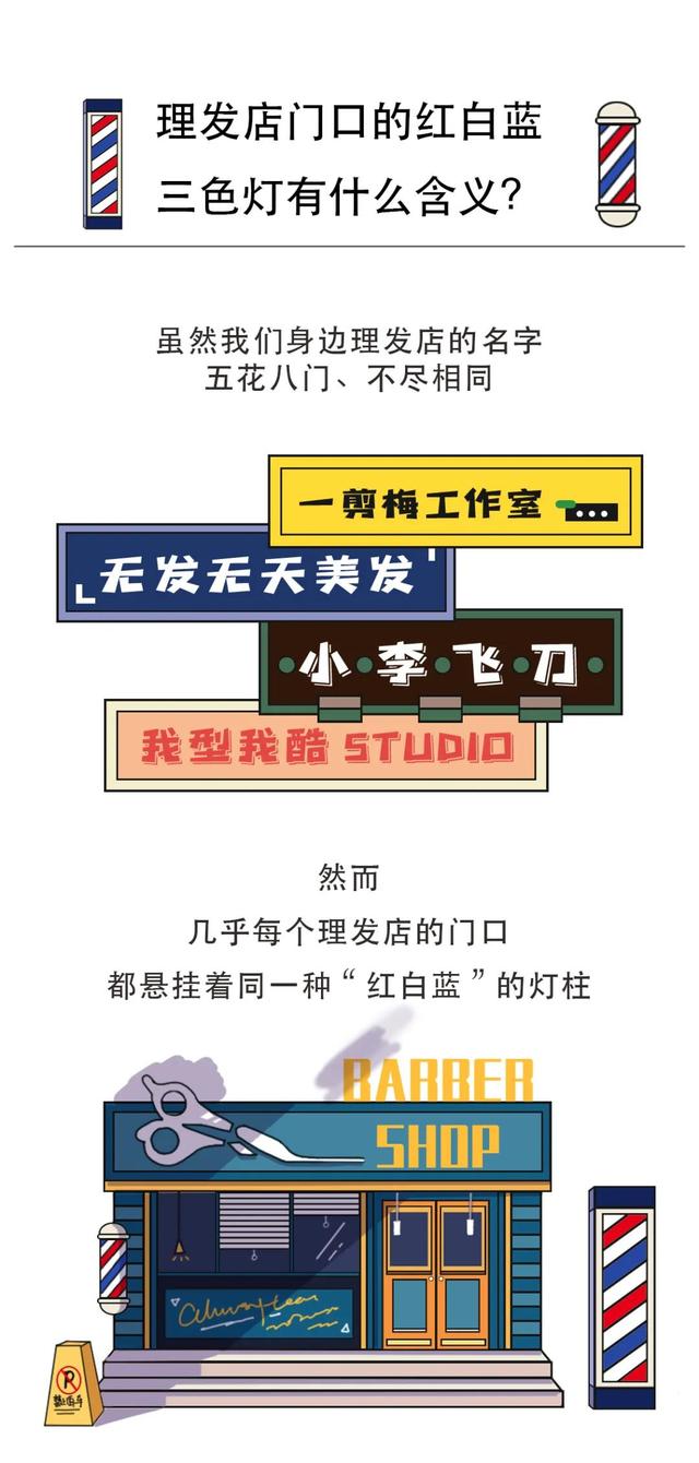 理发店门口的旋转灯柱，为啥都是红蓝白三色？原来大有来头！