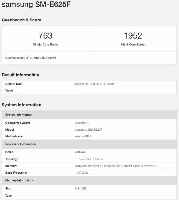 三星Galaxy F62现身跑分库：Exynos 9825+6GB内存