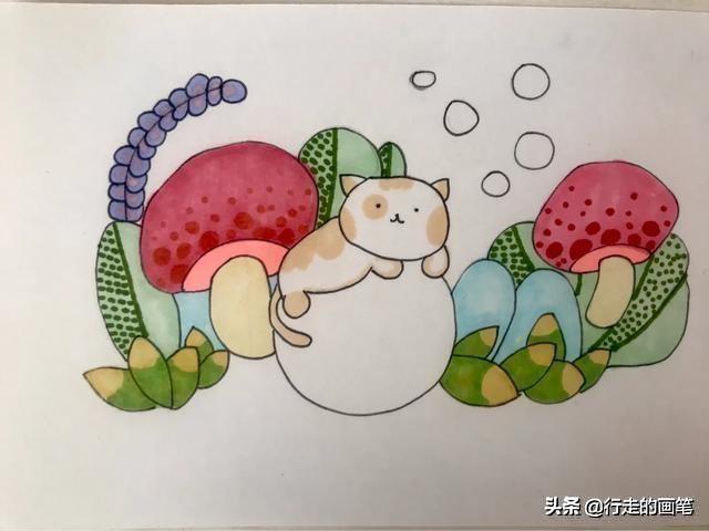 超级宝妈：儿童画教程#温暖色系#悠闲的小猫|原创绘画