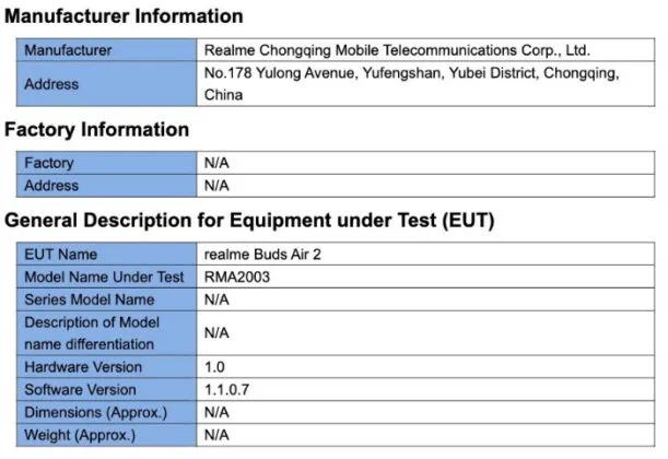 realme Buds Air 2通过FCC认证 配400mAh充电盒