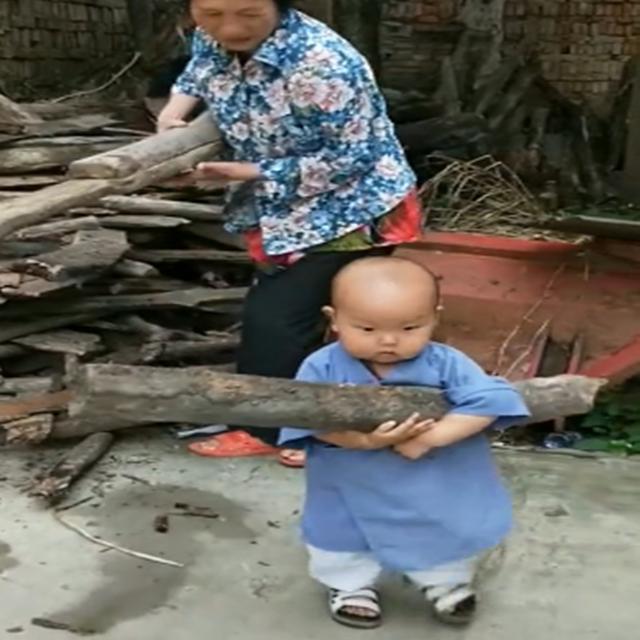 一岁宝宝帮奶奶搬木头，接下来发生的一幕，把奶奶逗的哈哈大笑