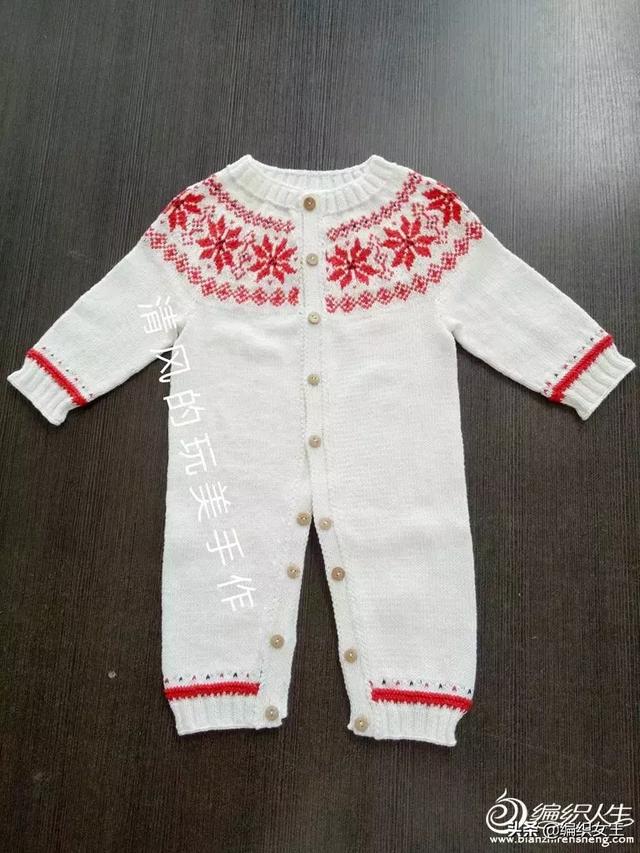 经典棒针雪花连体衣，超实用的婴幼儿提花毛衣