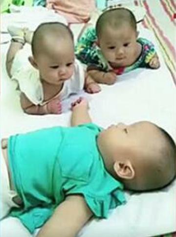 三胞胎睡午觉,两妹妹醒来后合计要不要叫醒哥哥,真是太可爱了