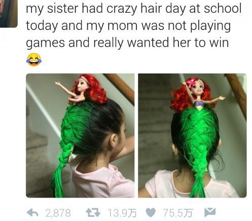女儿学校举行“发型比赛”，妈妈帮忙设计发型，网友：求胜心很强
