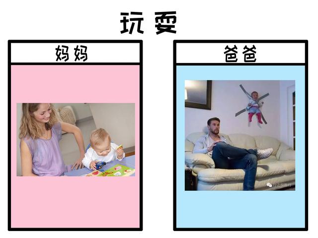 女人带娃和男人带娃有什么区别，五张对比图，前者是天性吗