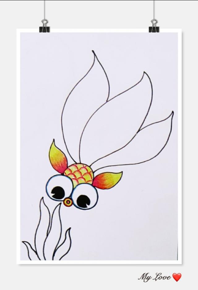 细腻彩铅画——一条小鱼水里游