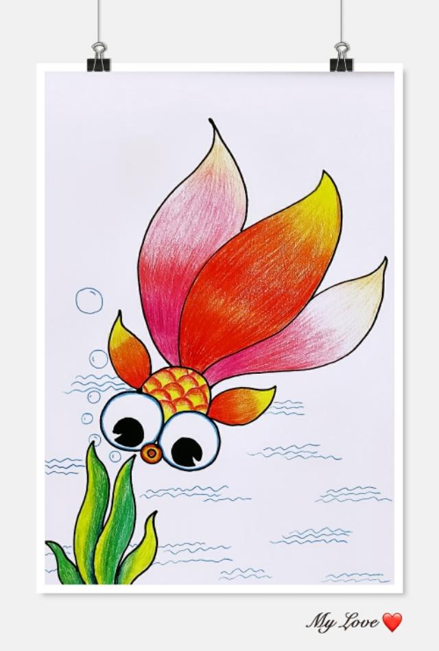 细腻彩铅画——一条小鱼水里游