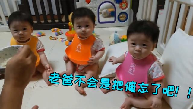 奶爸给3胞胎喂饭，老三半天一口都吃不上，一个眼神网友直呼心疼