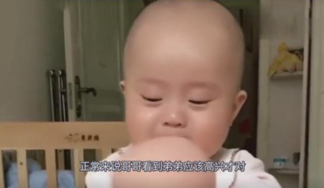 妈妈指着娃娃对宝宝说：“这是你弟弟”，宝宝表现让人好笑又心疼
