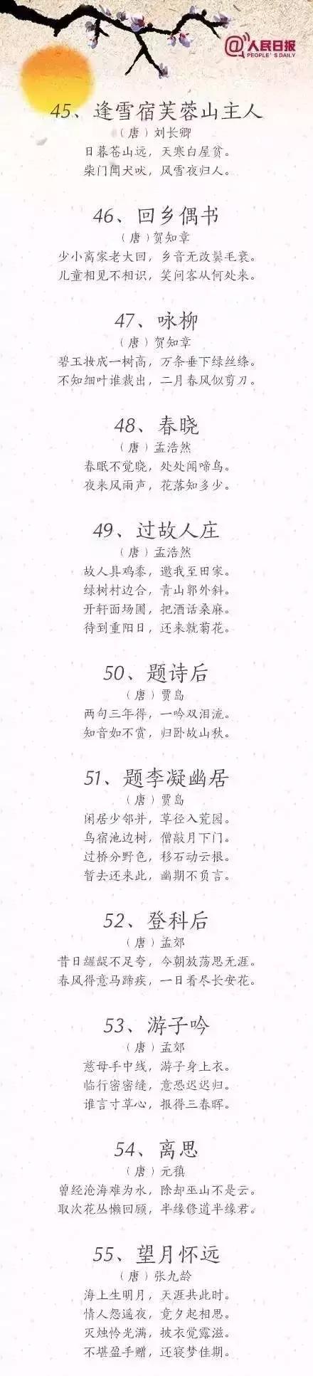 人民日报整理的100首小学生必背古诗，让孩子读一读，背一背