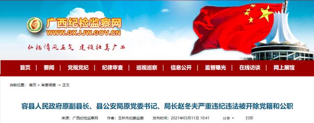 容县人民政府原副县长,县公安局原党委书记,局长赵冬夫严重违纪违法被