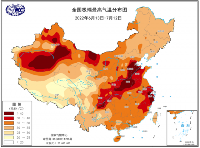 2022年6月13日至7月12日全國極端最高氣溫分佈圖.國家氣候中心供圖