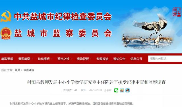 射阳县教师发展中心小学教学研究室主任陈建平接受纪律审查和监察调查
